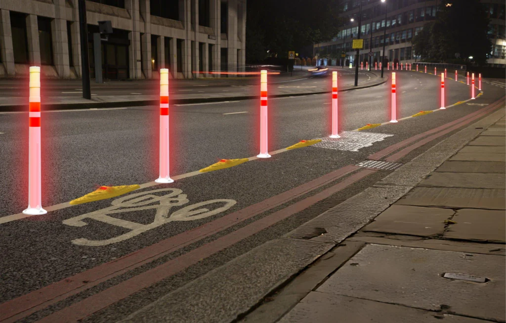 Hito con tecnología solar para delimitar ciclovías durante la noche