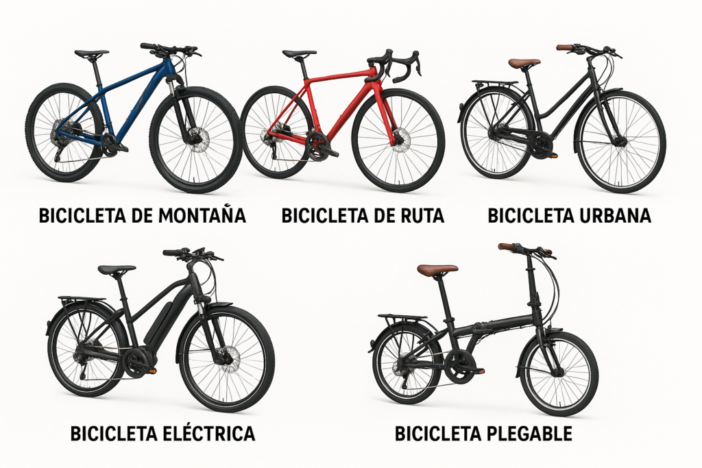 Cinco tipos de bicicletas para diferentes usos: bicicleta de montaña para senderos, bicicleta de ruta para pavimento, bicicleta urbana para ciclopistas, bicicleta eléctrica con asistencia al pedaleo y bicicleta plegable para transporte práctico en ciudad.