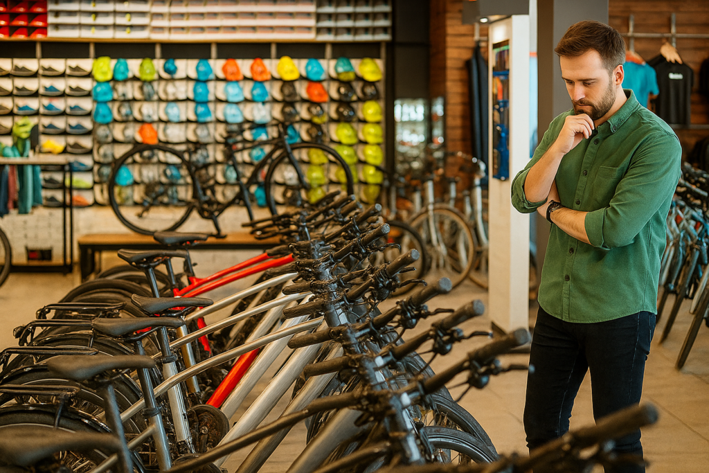 Hombre evaluando diferentes modelos de bicicletas en tienda especializada, comparando opciones para escoger la bicicleta ideal según su uso en ciudad o carretera.