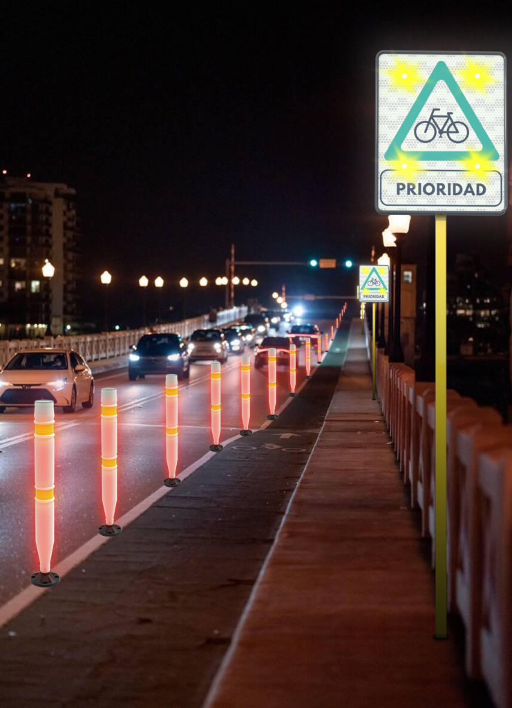 Señal que marca la prioridad del carril ciclista con iluminación LED y balizas con tecnología de recarga solar