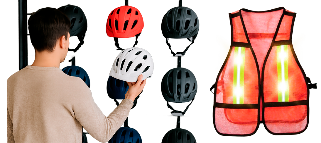 Selección de cascos para ciclismo y chaleco reflectante con luces LED, accesorios básicos para seguridad al montar bicicleta en ciudad o carretera.