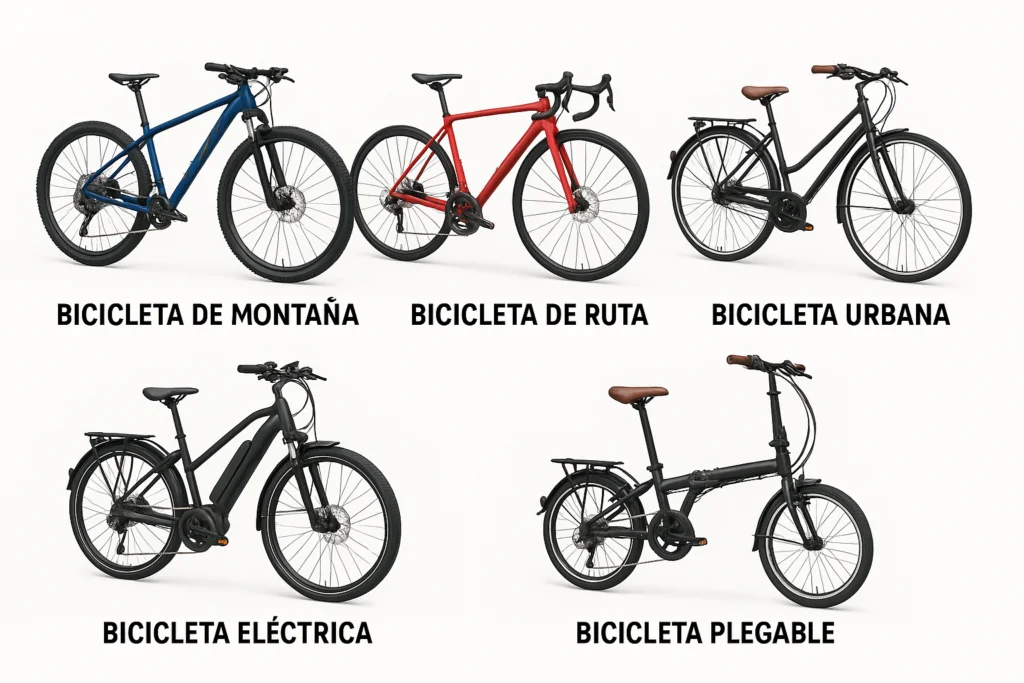 Cinco tipos de bicicletas para diferentes usos: bicicleta de montaña para senderos, bicicleta de ruta para pavimento, bicicleta urbana para ciclopistas, bicicleta eléctrica con asistencia al pedaleo y bicicleta plegable para transporte práctico en ciudad.