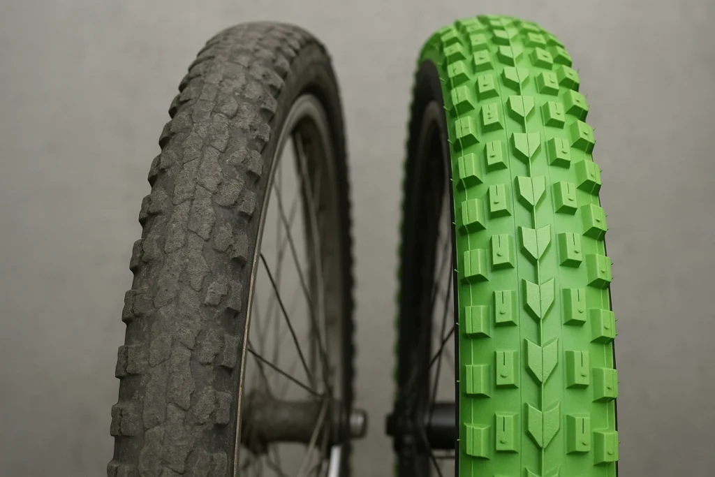comparación de llantas para bici: una desgastada y otra nueva con buen agarre