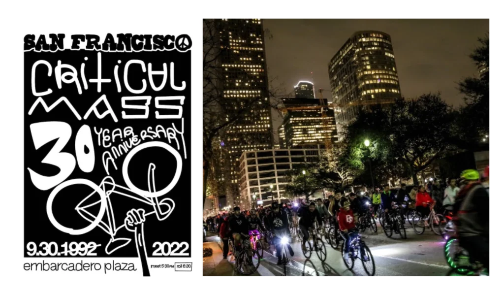 Afiche conmemorativo del 30 aniversario de Critical Mass y ciclistas recorriendo Market Street de noche entre rascacielos iluminados.