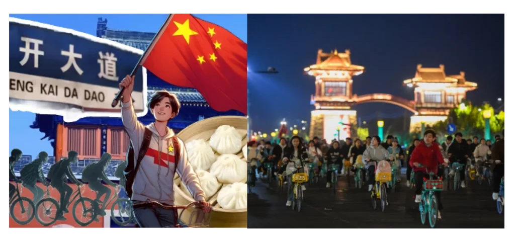 Ilustración de joven ciclista con bandera china y dumplings, junto a multitud de personas en bicicleta atravesando la entrada iluminada de Kaifeng.
