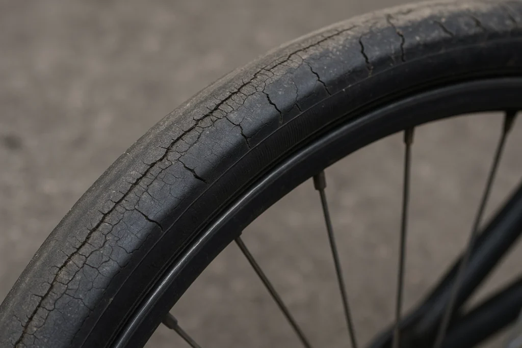 llantas para bici desgastadas con grietas visibles listas para cambio