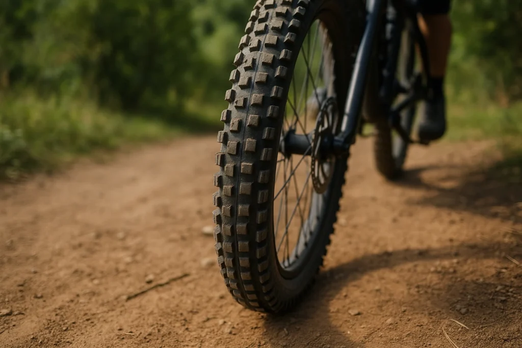 llantas para bici de montaña con tacos en sendero de tierra