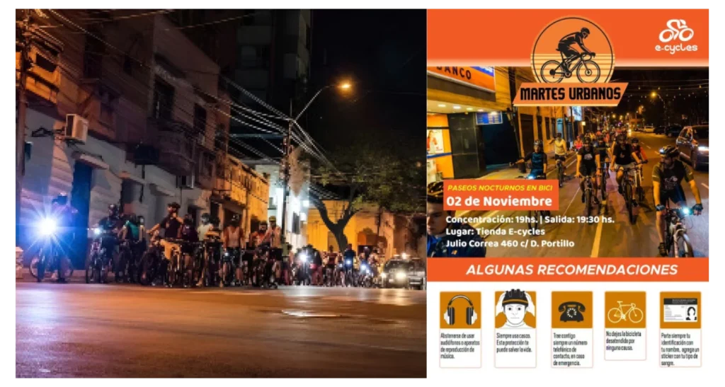 Grupo de ciclistas participando en el evento Martes Urbanos Nocturnos, con calles iluminadas y cartel informativo del recorrido y recomendaciones.