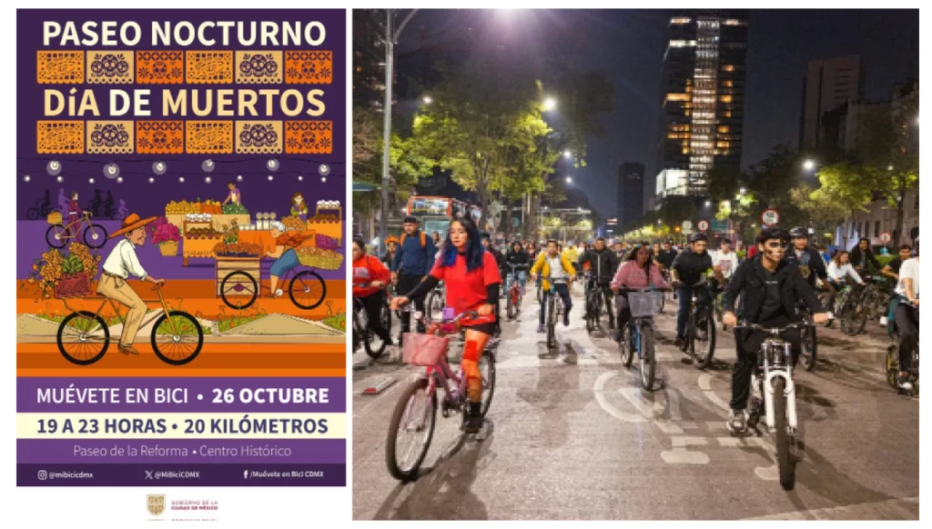 Cartel del Paseo Nocturno Día de Muertos y multitud de ciclistas recorriendo Paseo de la Reforma con disfraces y bicicletas decoradas.