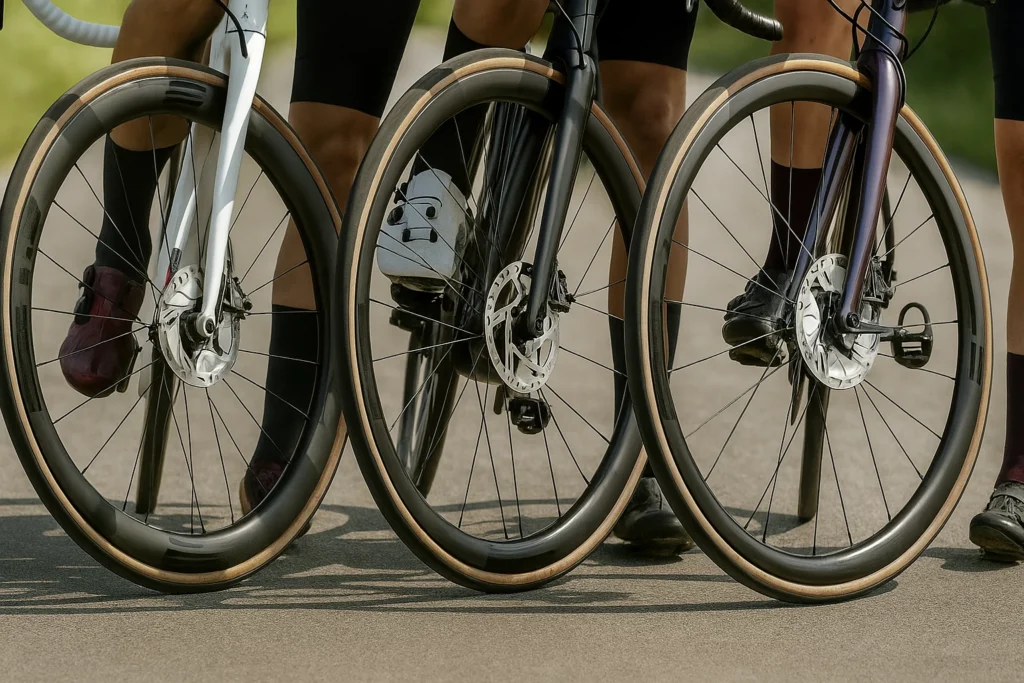 llantas para bici de carretera en grupo de ciclistas