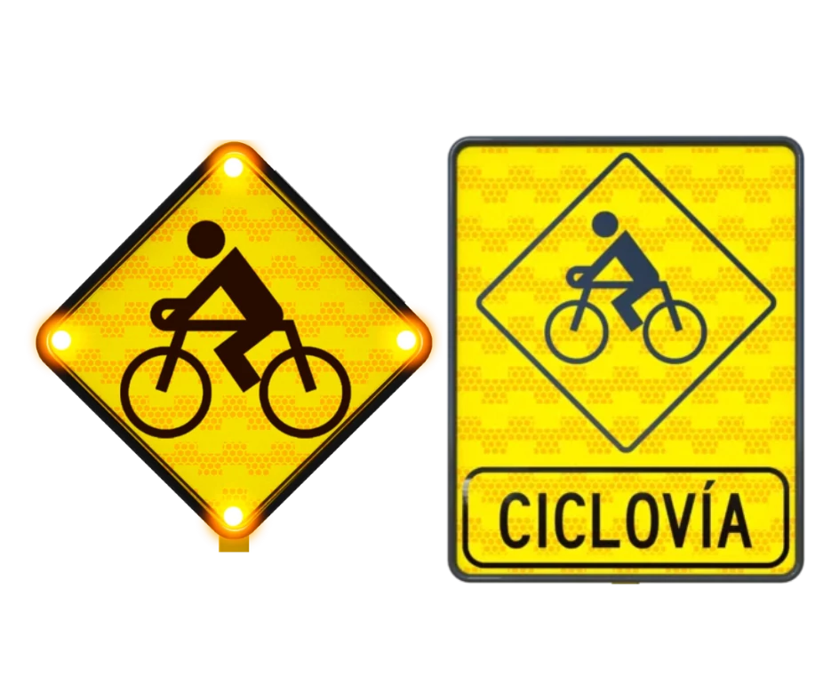 Letrero amarillo con pictograma de ciclovía que marca un carril exclusivo para bicicletas.