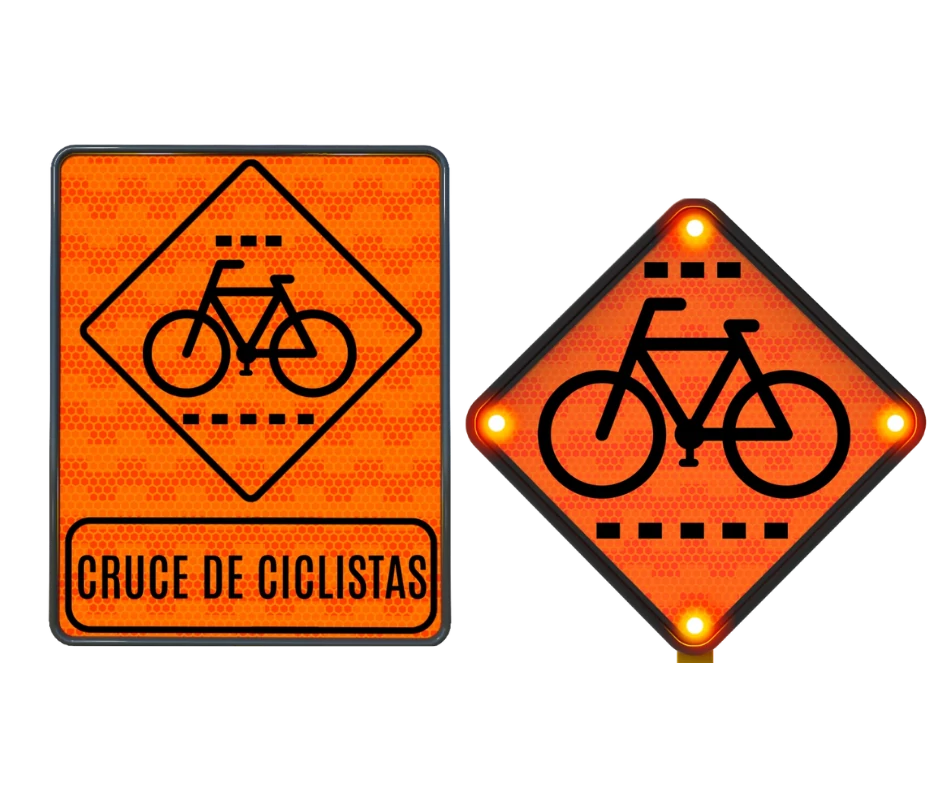Señal naranja de obra que indica cruce temporal para ciclistas en zonas de construcción.