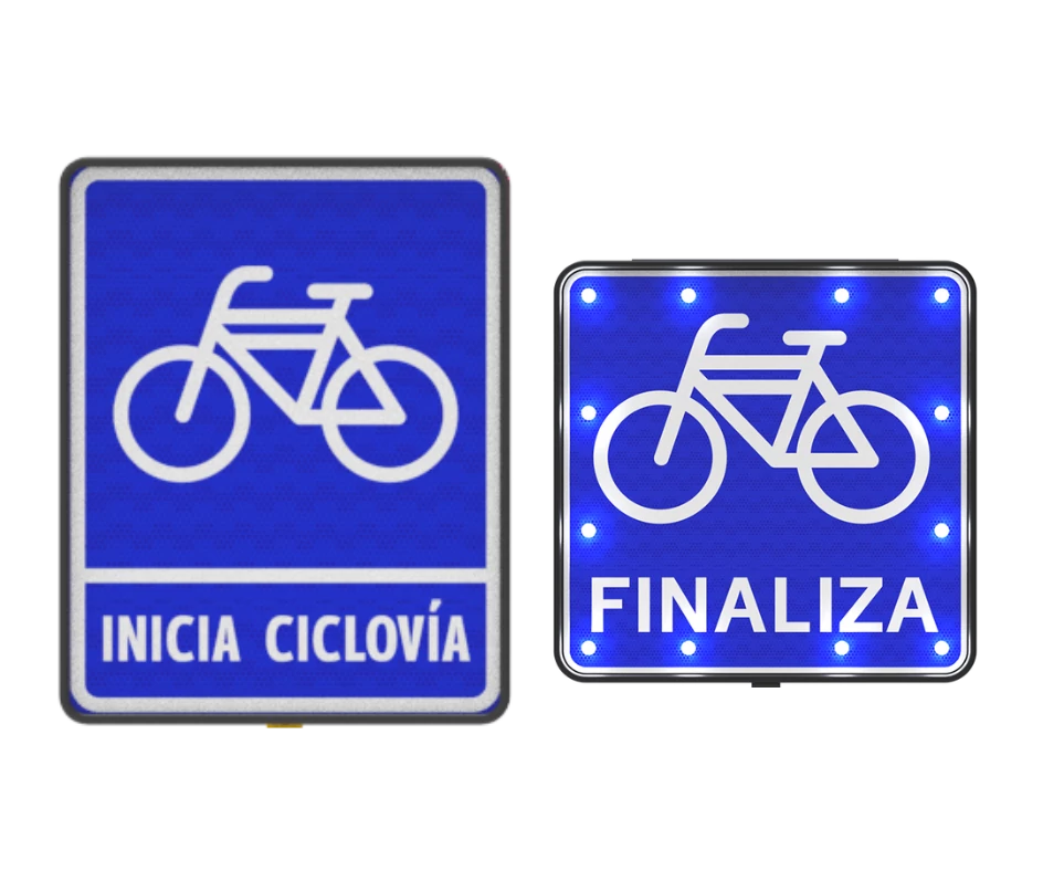 Señal en fondo azul que señalan el inicio o final de un carril exclusivo.