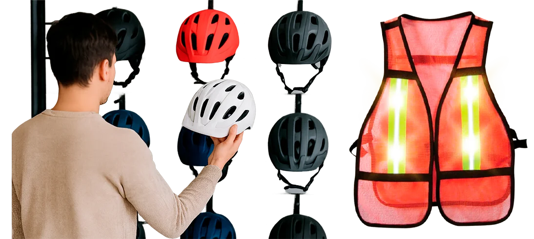 Selección de cascos para ciclismo y chaleco reflectante con luces LED, accesorios básicos para seguridad al montar bicicleta en ciudad o carretera.