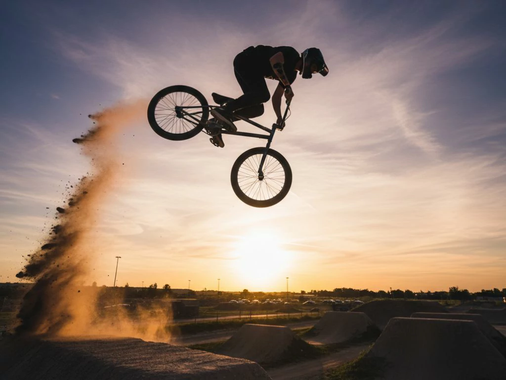 Atleta de BMX freestyle realizando un salto al atardecer en un dirt jump, levantando polvo y mostrando control total de la bicicleta.