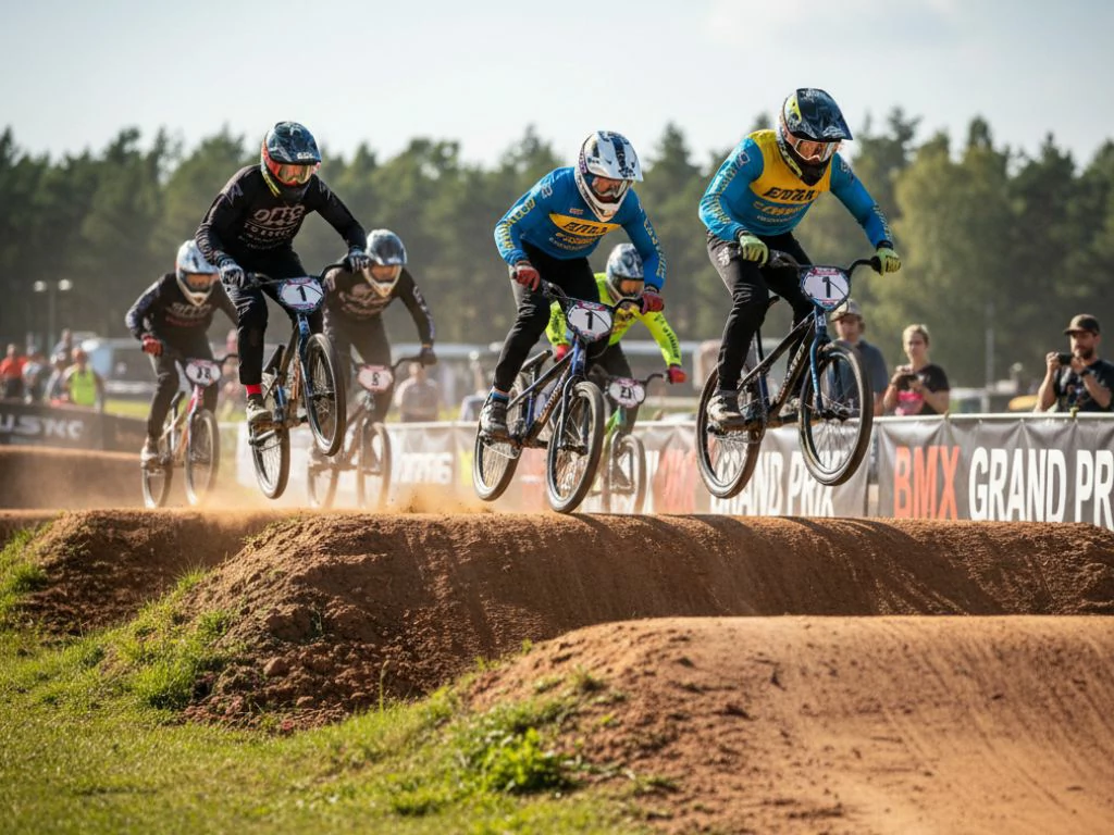 Carrera de BMX Racing con varios ciclistas compitiendo en una pista de tierra, saltando en la sección de ritmo y buscando la victoria.