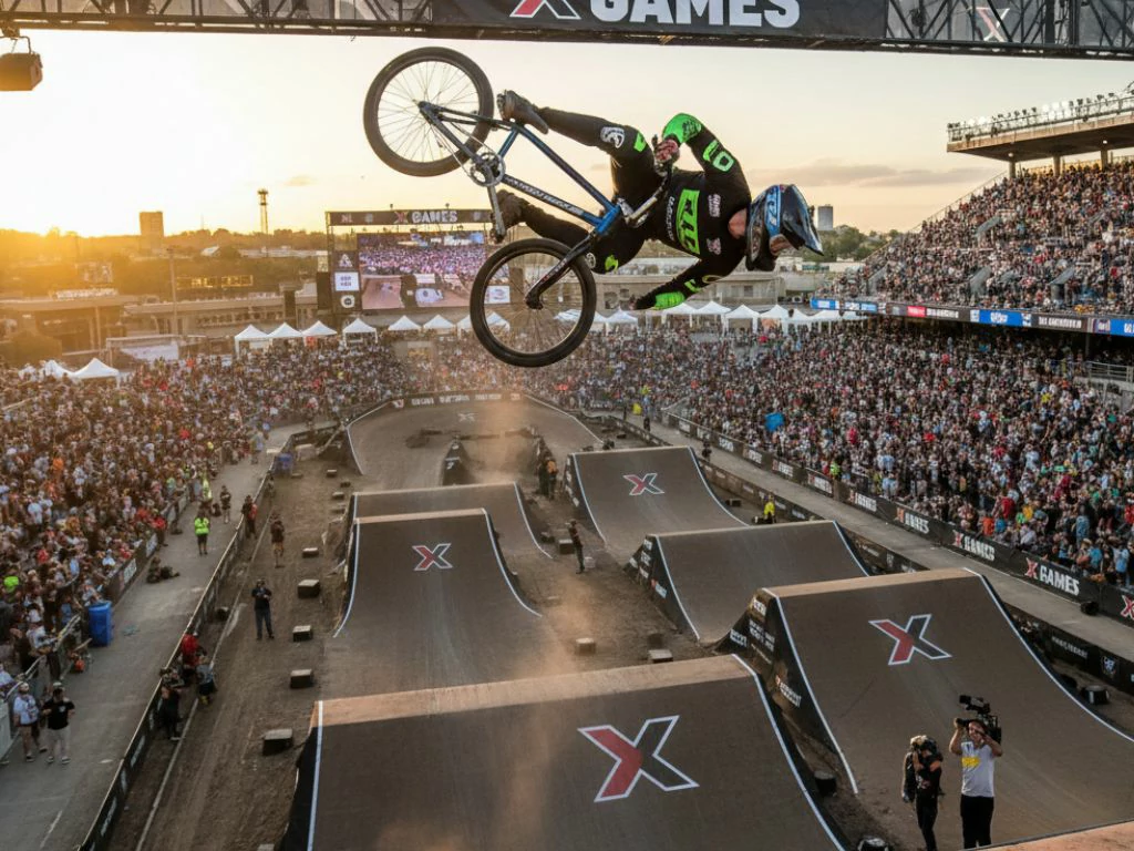 Ciclista ejecutando un truco aéreo en los X Games frente a un público lleno, demostrando la emoción de este deporte.