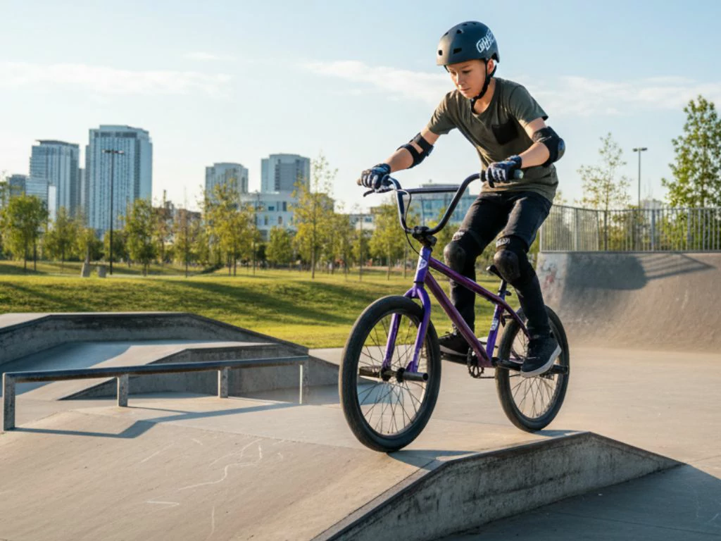 Joven ciclista practicando en un parque de skate, aprendiendo a dominar su bici en los primeros intentos de trucos básicos.