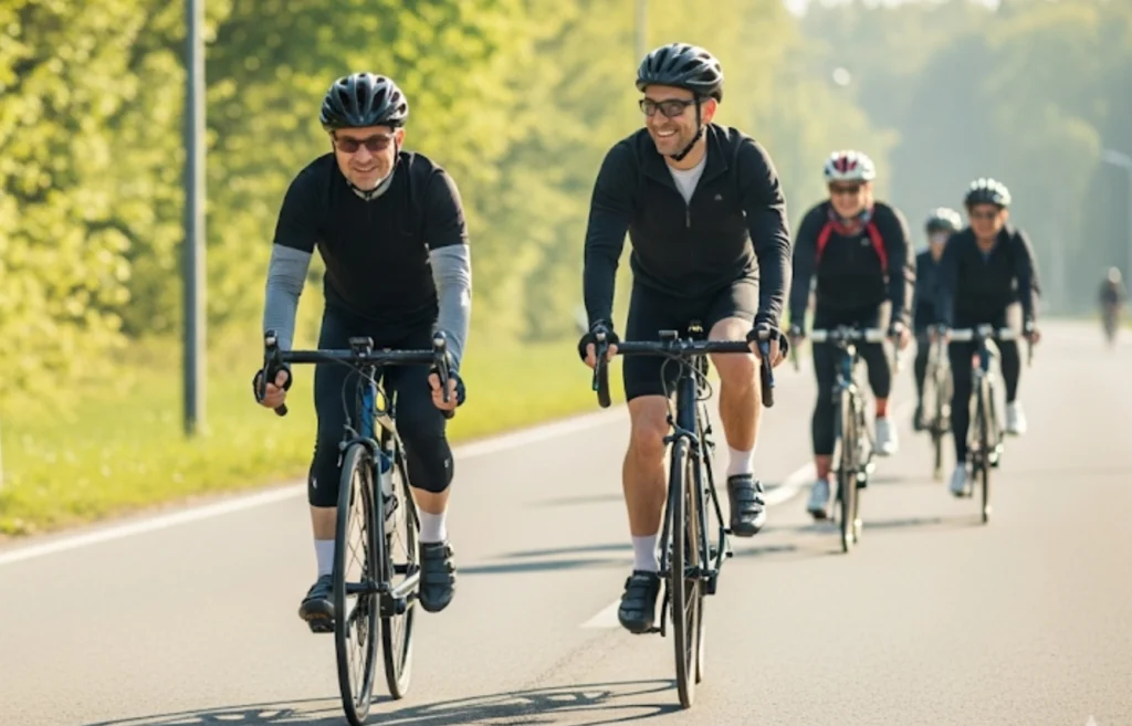 Grupo de ciclistas principiantes aprendiendo ciclismo de ruta en carretera segura, usando cascos y ropa adecuada.