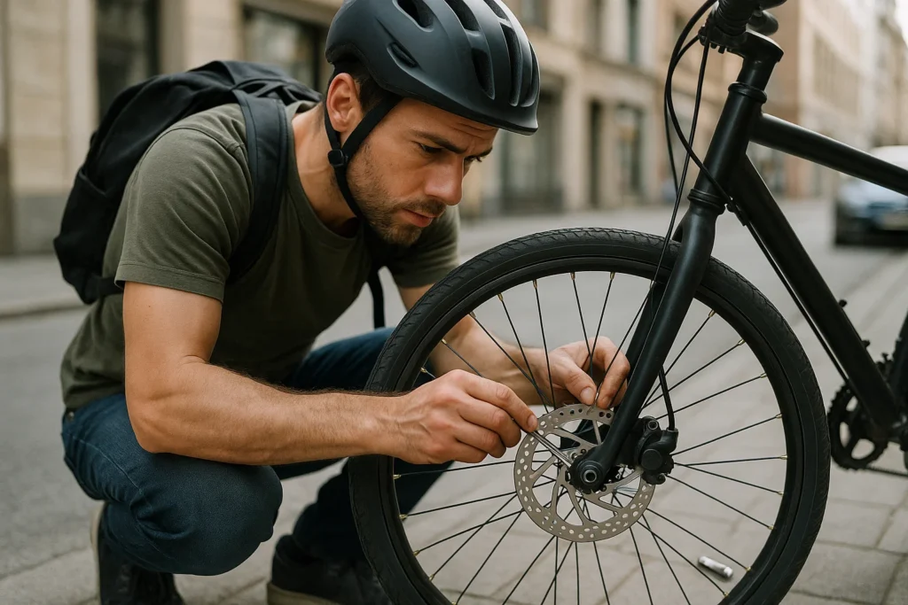 Ciclista ajustando los frenos de bici de disco en la rueda delantera para mejorar el rendimiento.