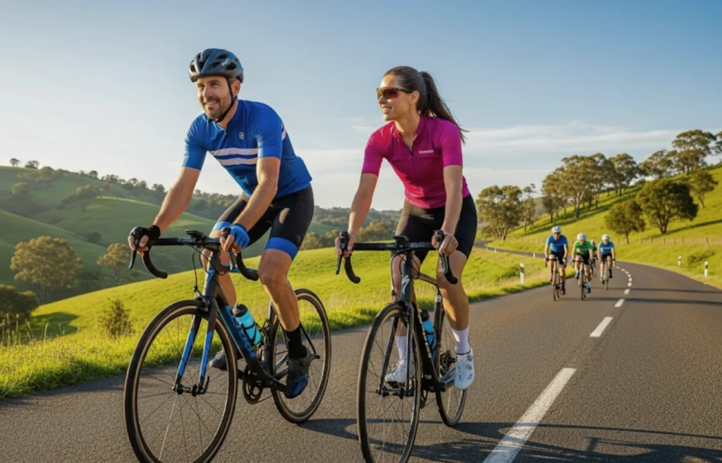 Pareja de ciclistas en ruta disfrutando de un recorrido en carretera entre paisajes verdes.