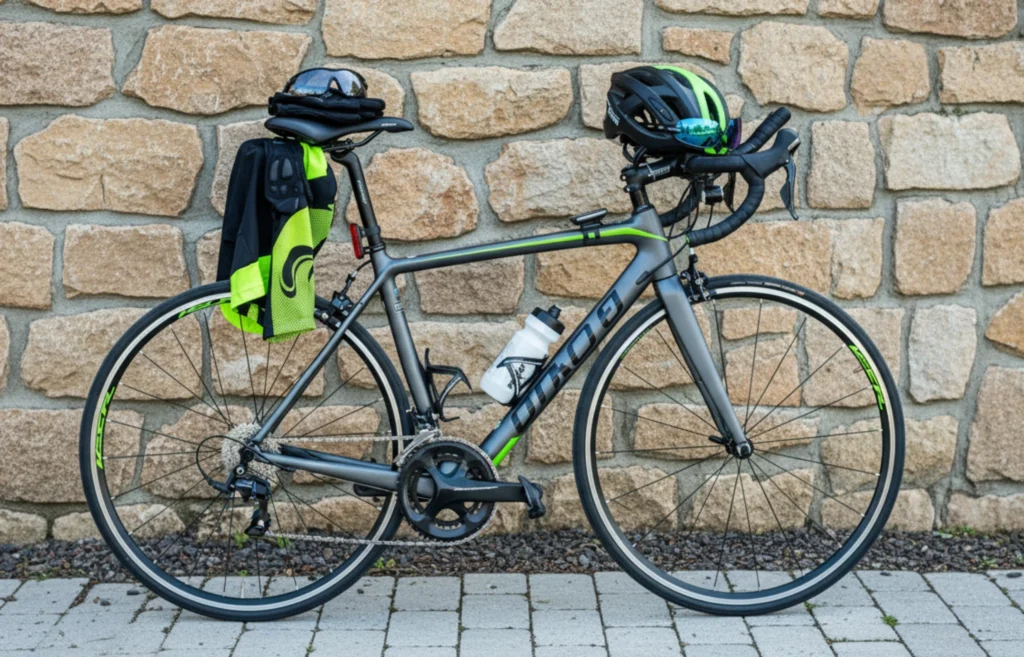 Bicicleta de ruta con casco, ropa reflectante, gafas y accesorios esenciales para entrenar con seguridad.
