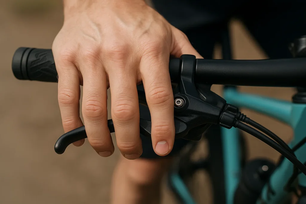 Mano presionando la maneta para comprobar la potencia de los frenos de bici en carretera.
