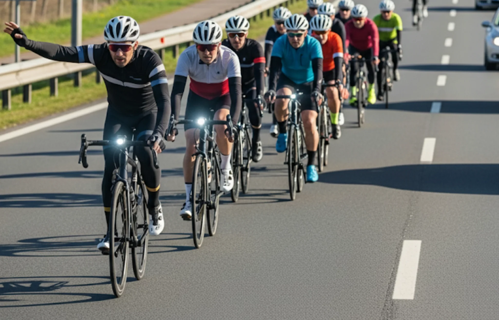 Grupo de ciclistas en ruta circulando en carretera, con cascos, ropa deportiva y luces de seguridad, practicando ciclismo de ruta de manera responsable. Ciclismo en ruta Ciclismo