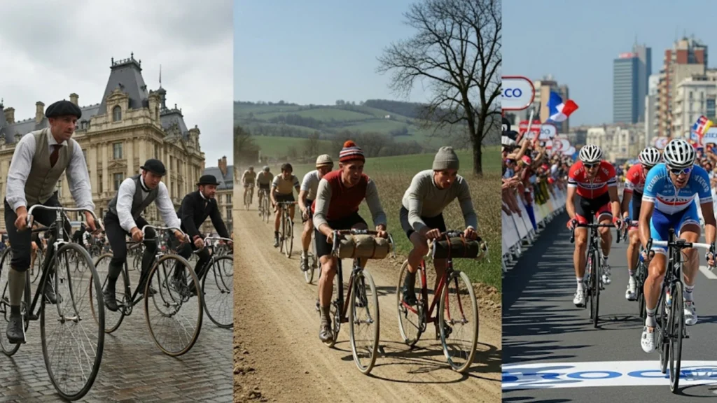 Evolución del ciclismo de ruta desde el siglo XIX hasta competencias modernas como el Tour de Francia.