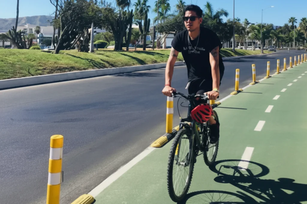 Ciclista circulando por la ciclovía de San José del Cabo, delimitada con postes abatibles amarillos y pavimento verde para mayor seguridad vial.