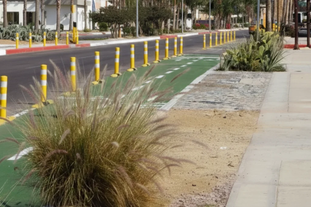 Vista panorámica de la ciclovía de San José del Cabo con separadores viales amarillos, vegetación desértica y carril exclusivo para bicicletas.