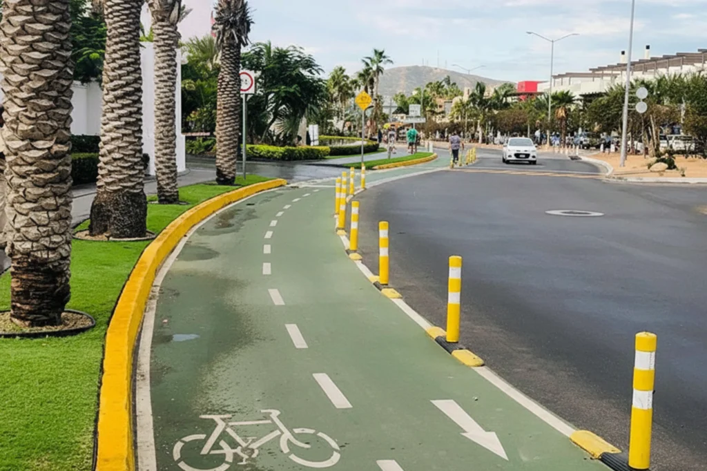 Infraestructura ciclista moderna con camino verde, señalización vial y palmas a lo largo de una ruta protegida para bicicletas en Baja California Sur.