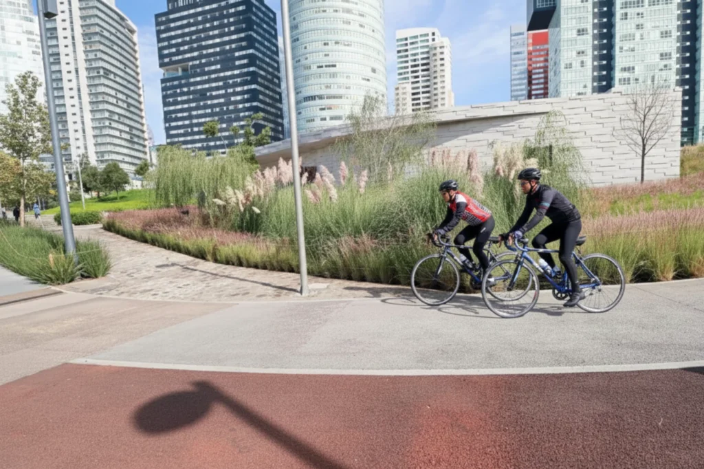 Ciclistas recorriendo Parque La Mexicana entre áreas verdes y edificios de Santa Fe.