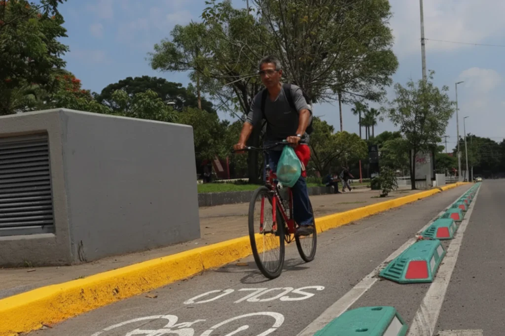 Corredor ciclista urbano en Guadalajara con separadores verdes de alta visibilidad.