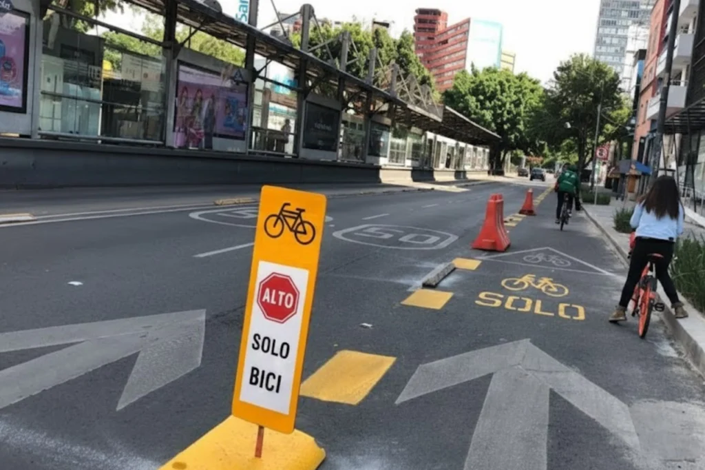 Señalización deficiente temporal utilizada en la ciclovía Insurgentes Sur durante su fase emergente para ordenar el paso exclusivo de bicicletas.