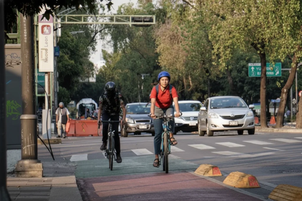 Ciclistas circulando en la ciclovía Insurgentes Sur ya canalizada, mostrando la protección reforzada con elementos de confinamiento.