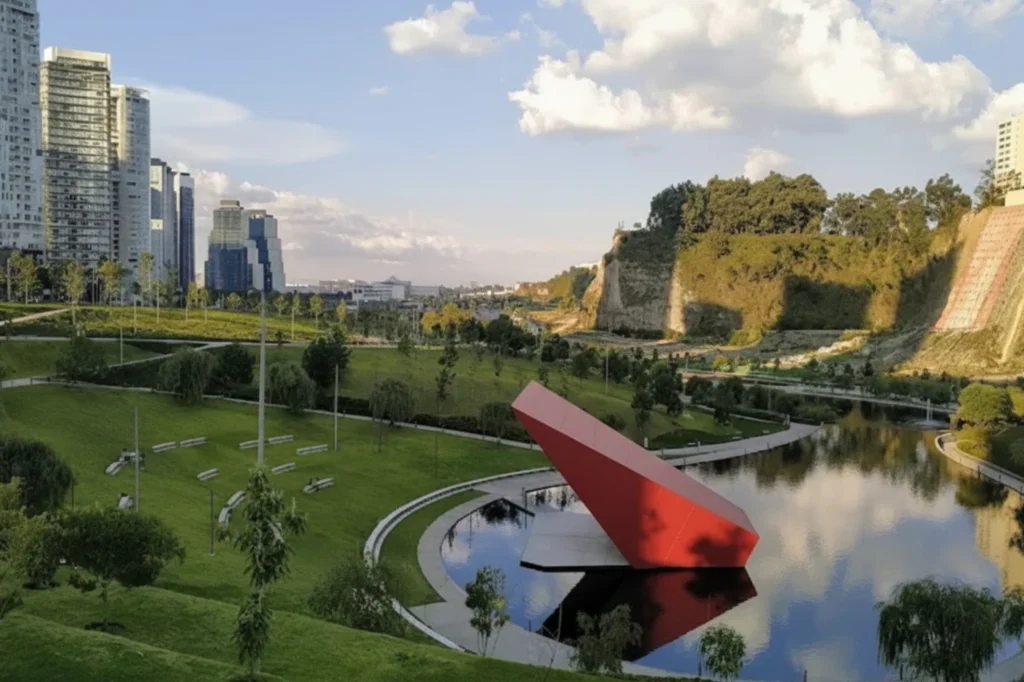 Vista amplia del Parque La Mexicana integrada al paisaje urbano de Santa Fe.