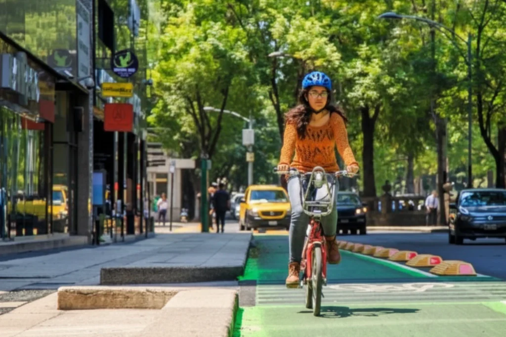Tramo de la Ciclovía Reforma con canalizadores H7 mientras una ciclista avanza rumbo a la zona arbolada del corredor.