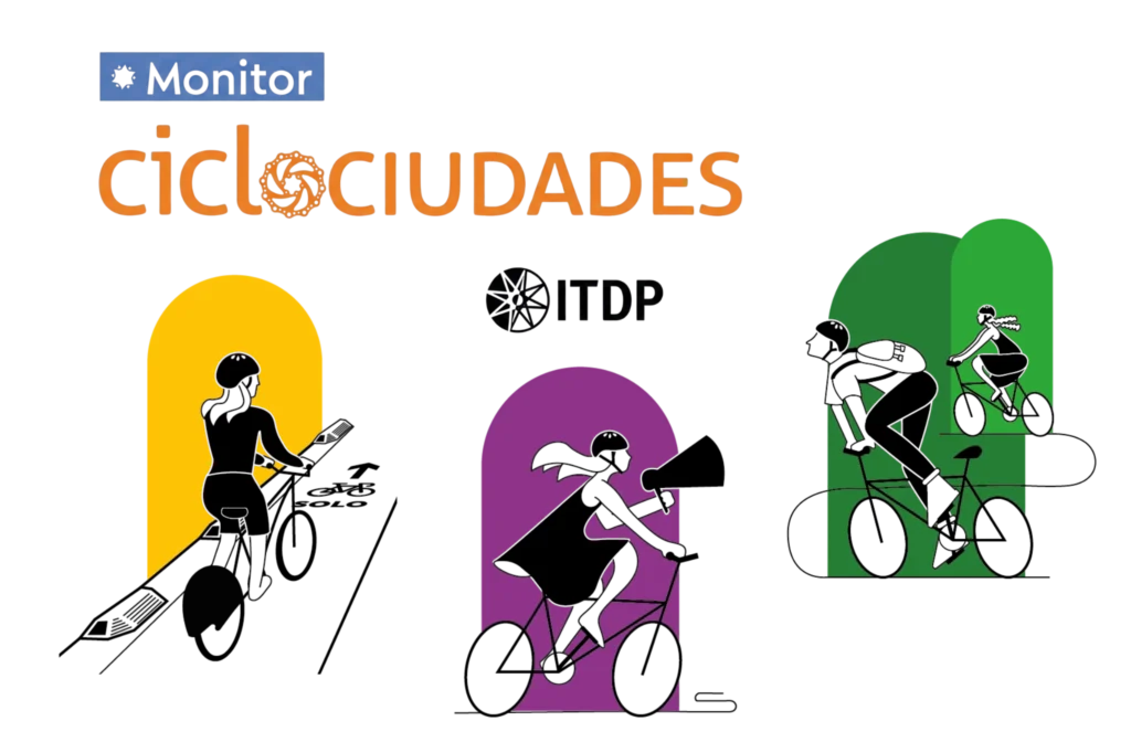 Ilustración del monitor ciclociudades 2025 del ITDP que representa acciones, diversidad y evaluación de la movilidad ciclista en LATAM.